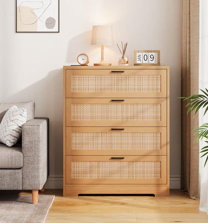 GarveeHome Rattan Dresser, Tall Chest of Drawers, Wood Dresser for Bedroom, Closet, Living Room, Hallway (Natural, 15.8" D x 31.5" W x 38.6" H (4 Rattan Drawers))