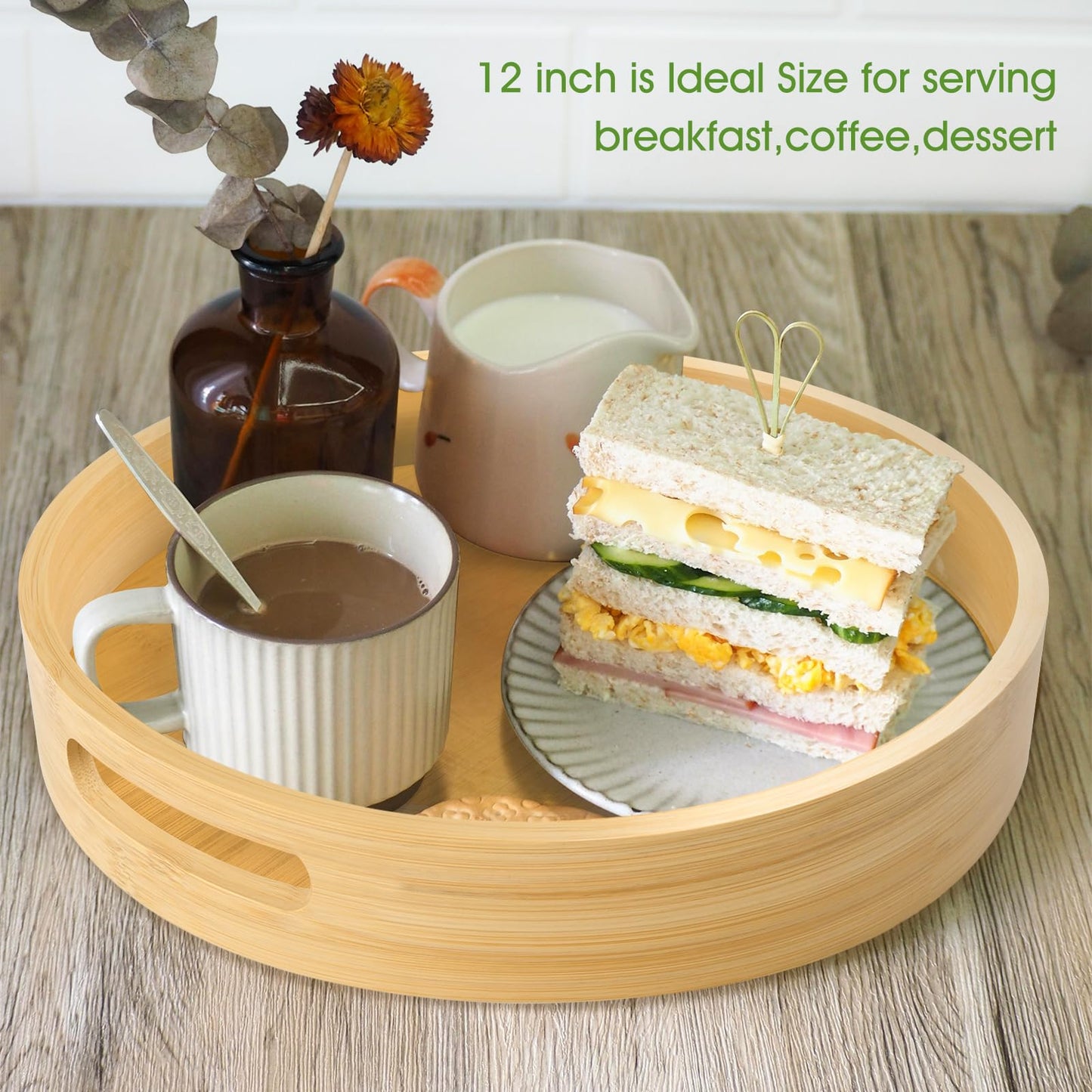 LorisArm 12 inch Round Serving Wooden Tray with Handles, Bamboo Decorative Ottoman Tray Serving for Serving Beverages & Food on Bar Living Room Home Dining Table.