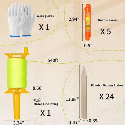 Fluorescent Green Construction String Line Kit: 24 Pcs 12" Wooden Garden Stakes, #18 560ft Mason Line with Handle, 5 String Levels, 2 Pairs Work Gloves | for Outdoor DIY, Landscaping, Yard & Fence