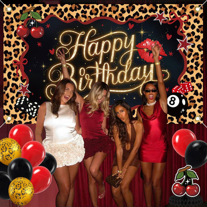 Red Black Cheetah Print Cherry Birthday Decorations Kit - Leopard Birthday Party Decor with Pre-Strung Banner Backdrop Tablecloth Balloons Cake & Cupcake Toppers, Prefect for Girls Women Big Mama