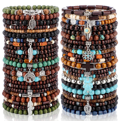 Tondiamo 48 Pcs Punk Wooden Beads Bracelets Gothic Bracelet for Men Adjustable Bulk Vintage Beaded Bracelet Metal Set Wood Bangles Wristbands Commemorative Gift