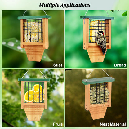 Gbekery Wooden Suet Bird Feeder for Outside Hanging, Woodpecker Suet Feeder with Tail Prop, Hanging Bird Feeder for Wild Birds, 1 Pack, Green