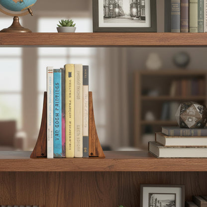 TILISMA Walnut Bookends for Shelves | Wooden Book Ends for Shelves | Sturdy Book Holders, Stoppers with Metal Base for Bookshelves | Slick Decorative Bookends Stands Firmly on Bookshelf (4 Pair)
