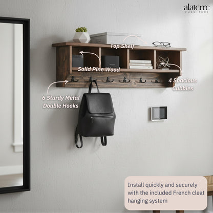 Alaterre Furniture Pomona Entryway Coat Rack – Rustic Farmhouse 48-Inch Wall-Mounted Coat Rack with 6 Double Hooks & 4 Open Cubbies – Solid Wood Mudroom Storage for Entryway or Hallway (Rustic Brown)