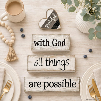 4 Pcs Christian Farmhouse Table Decor, Religious Wooden Farmhouse Tiered Tray Decorations with Heart Grateful Sign, With God All Things Are Possible Home Decor for Kitchen, Office, Mantel, Coffee Bar