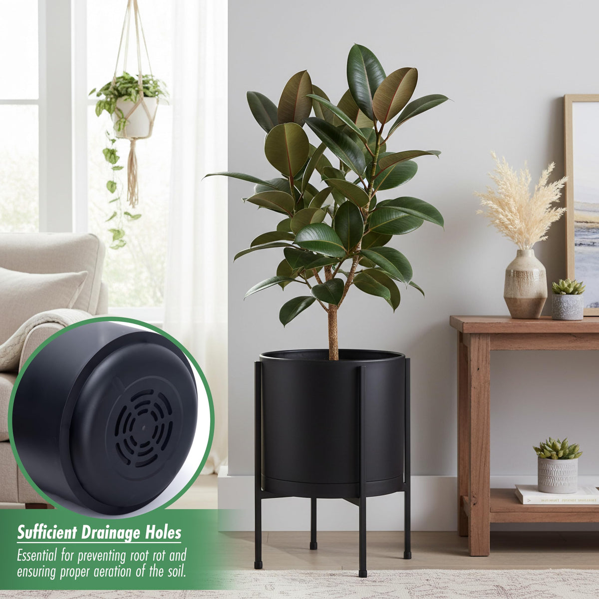 D'vine Dev 10 Inch Black Planter Pot with Stand – Modern Plastic Cylinder Flower Pot with Heavy-Duty Metal Stand for Indoor Plants, 55-D-B-2