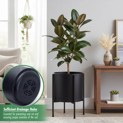 D'vine Dev 10 Inch Black Planter Pot with Stand – Modern Plastic Cylinder Flower Pot with Heavy-Duty Metal Stand for Indoor Plants, 55-D-B-2