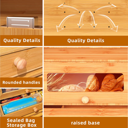 Aromfentu Bamboo Bread Box for Kitchen Countertop & Dining Room,Wooden Storage with Display Compartment & Built-in Bread Slicer,Eco-Friendly Organizer for Homemakers, Bakers & Bread Lovers ﻿