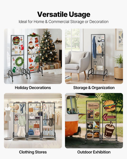 VEVOR 3 Packs Grid Wall Panels, 1.9 x 5.4 ft Wire Grid Panels Display Rack, Movable Art Display Shelf with Wheels and 30 Hooks, Black Carbon Steel Gridwall for Craft Show, Decor, Storage, Notice Board