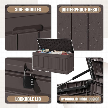 JUMMICO 78 Gallon Outdoor Deck Box Large Resin Storage Box for Patio Furniture Cushions and Garden Tools (Brown)