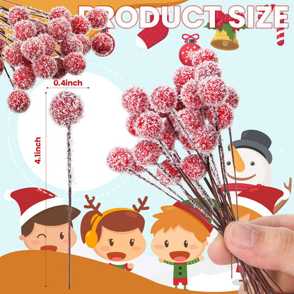 Suncalla 300 Pcs Snowy Artificial Holly Berry Stems Christmas Berry Picks Bulk Mini Fake Red Picks Flocked Ornaments for Christmas Tree Branches Fillers Wreath Home Xmas Winter Holiday Decorations