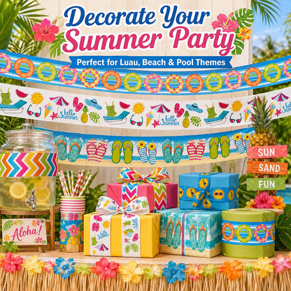 6 Rolls Summer Wired Edge Ribbons, 24 Yards 2.5 in Flip Flop Sunshine Stripe Patterns Gift Wrapping Ribbon for Beach Themed DIY Crafts Bow Wreath Summer Party Decorations