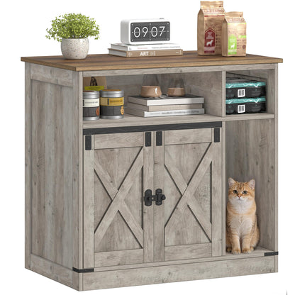 Hzuaneri Cat Litter Box Enclosure, Hidden Litter Box Furniture with Storage, Wooden Cat Cabinet with Scratch Pad, Farmhouse Cat Washroom, TV Stand End Table, Greige CB87505X