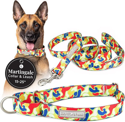 Lucky Love Dog Martingale Dog Collar & Leash - Adjustable, No-Slip, Durable, Comfortable, Soft Webbing, & Stylish Patterned Collar & Leash Set for Male and Female Dogs - Oscar Combo, Large