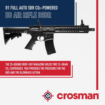 Crosman Full Auto R1 CO2 BB Air Rifle with 25-Round Magazine - Full and Semi-Auto Action, 1400 round per minute rate, Adjustable Stock, Quad Rail - Black