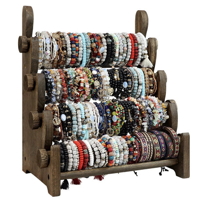 TOPNEW 4 Tier Wooden Bracelet Holder, Scrunchie Bangle Watch Necklace Display Storage Jewelry Holder Stand Display Organizer, Brown