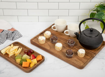 Maple Mill - Acacia Rectangle Wooden Tray - 2 Sizes 16" X 12" and 10" X 6" - Food Safe Serving Tray - Large & Small Wooden Trays Combination - Durable Wood Display Tray for Coffee Party or Home Decor