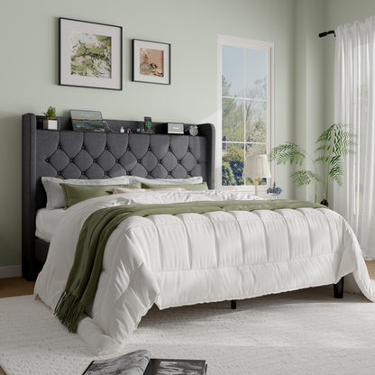 SHA CERLIN Full Size Platform Bed Frame with Charging Station, Linen Wingback Headboard with Storage Shelf, Wooden Slats Support, Ample Under-Bed Space, No Box Spring Needed, Easy Assembly, Dark Grey
