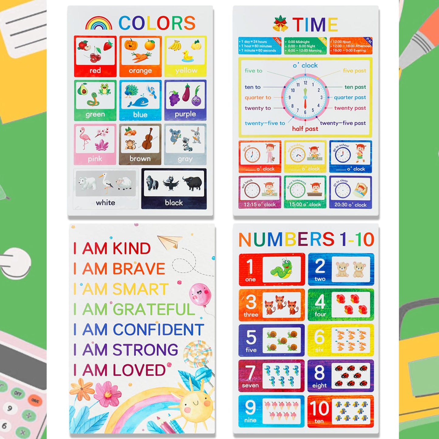 Educational Posters for Elementary Preschool Kindergarten Classroom Learning, Preschool Learning Posters for ABC Alphabet, Time, Number, Months,Colors, Weather, Animals, More, 16.5x11 Inch (12P Style B)