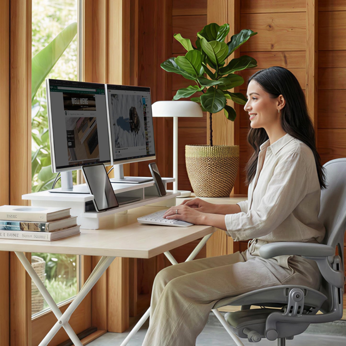 WELL WENG 42.5” Monitor Stand Desk Shelf with Phone Tablet Holder White