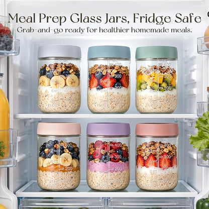 KEMORELA 4-Pack 16oz Overnight Oats Containers with Lids, Wide Mouth Glass Mason Jars with Airtight Lids, Reusable Glass Food Storage Containers for Yogurt, Chia Pudding, Salad, and Pickles