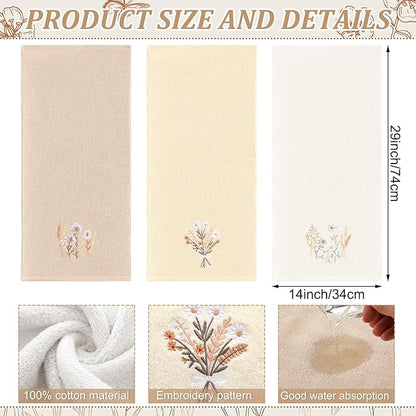 3 Pcs Boho Flowers Hand Towels Farmhouse Floral Brown Wildflowers Bathroom