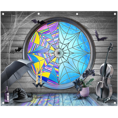 Yriujul Fabric 10x8ft Halloween Spider Web Window Photography Backdrop Horror Gothic Moon Night Bats Wooden Floor Background Kids Boys Girls Party Decorations Photo Props