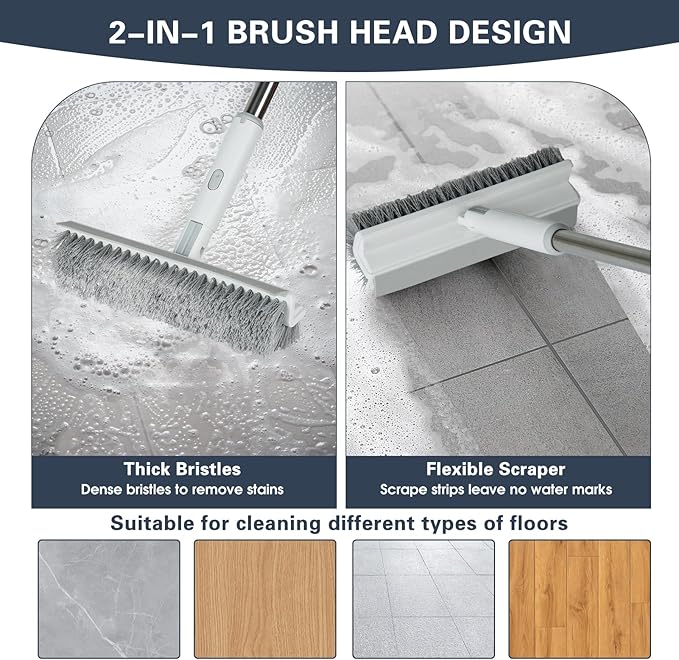 Floor Scrub Brush with Long Handle, 2 in 1 V-Shape Grout Brush with Squeegee +