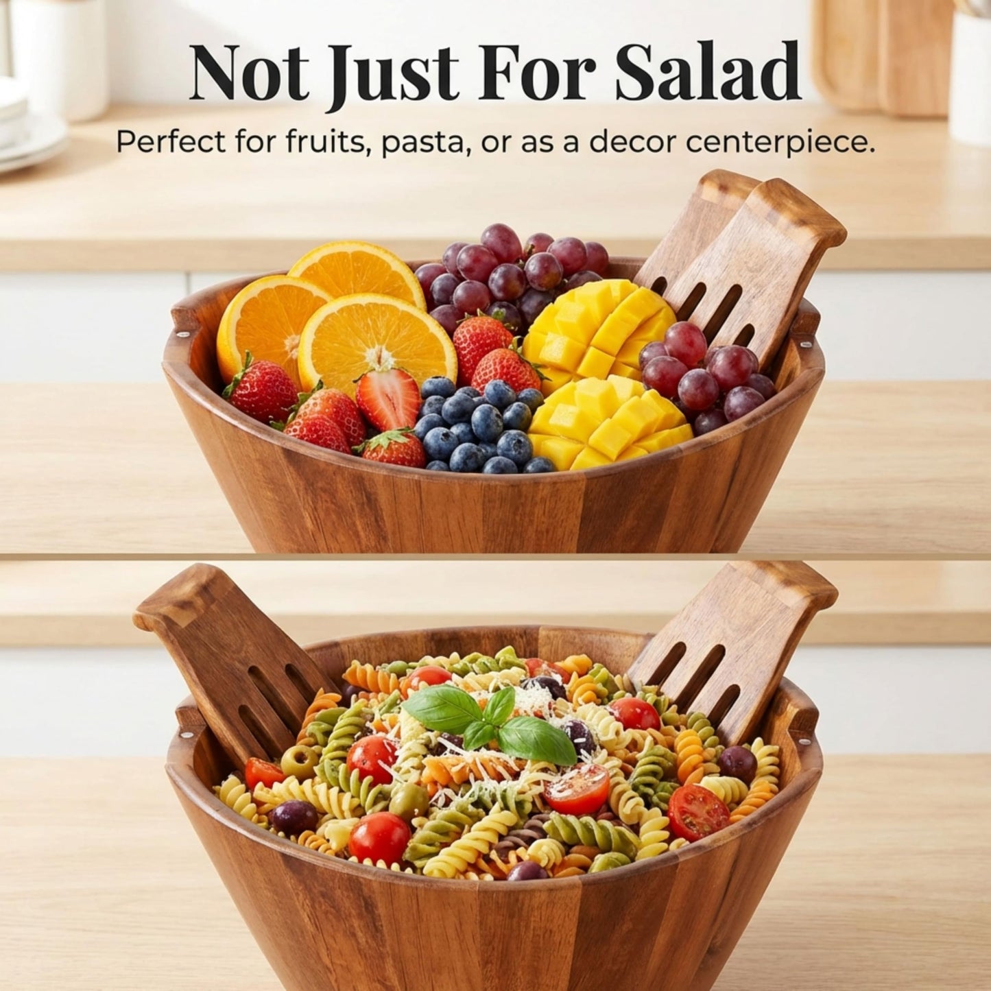 Night Tree Large wooden salad bowl with serving forks mixing, wood salad bowl set for food or fruits, magnetic utensils fit for 6–8 servings, ideal to family meals or as a unique gift