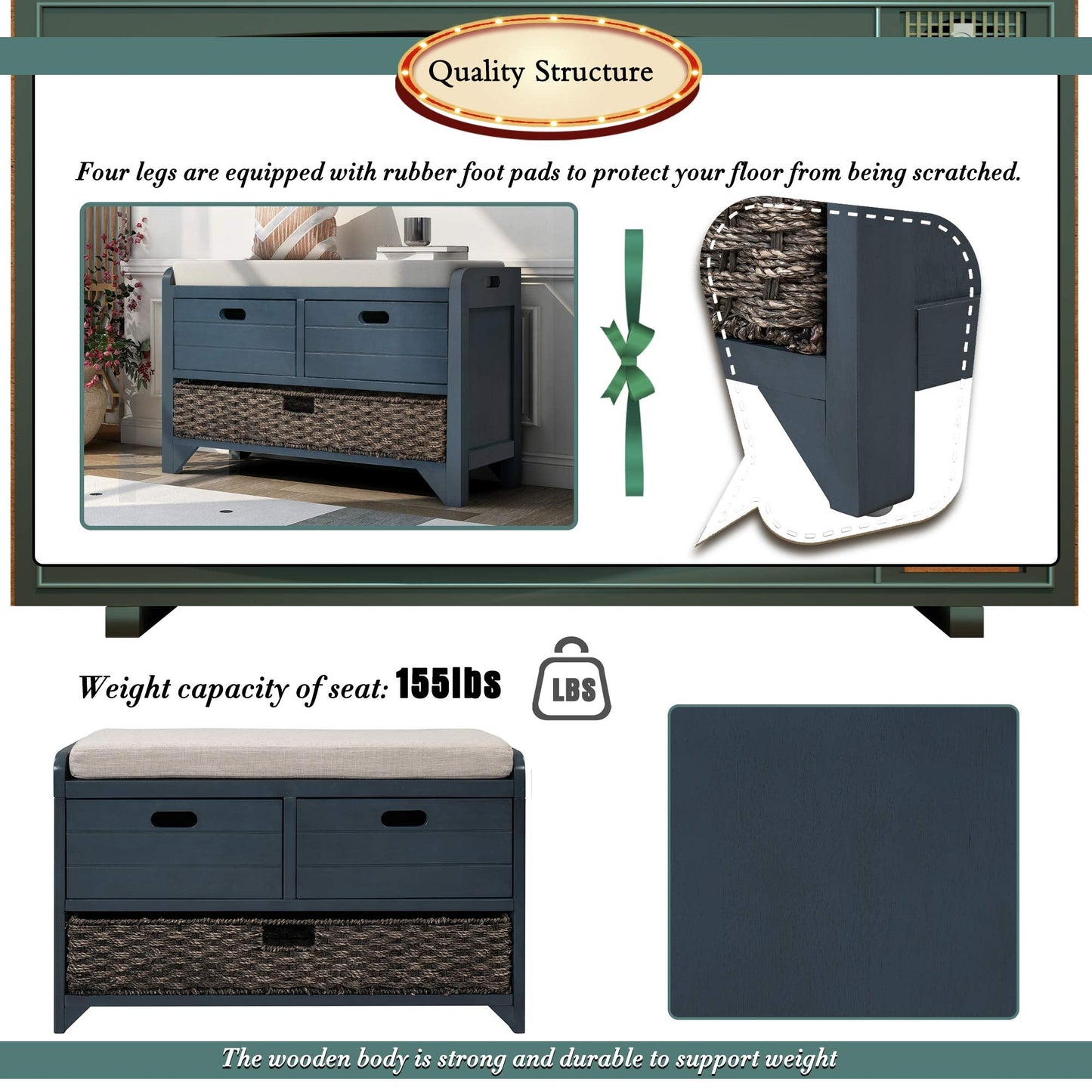 Brisca Wood Storage Bench with 1 Removable Basket and 2 Drawers,Fully Assembled Shoe Stool,W/Removable Cushion,for Hallway,Entryway,Bedroom,Living Room,Navy