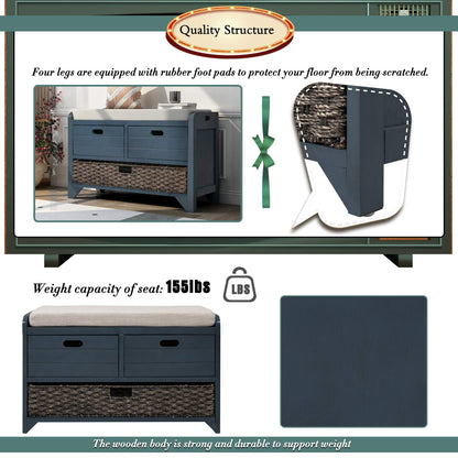 Brisca Wood Storage Bench with 1 Removable Basket and 2 Drawers,Fully Assembled Shoe Stool,W/Removable Cushion,for Hallway,Entryway,Bedroom,Living Room,Navy