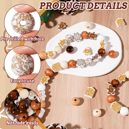 Whaline 200Pcs Christmas Wooden Beads Round Loose Bead Gingerbread Man Snowflake Craft Beads for Xmas Farmhouse Ornament DIY Making Winter Decor