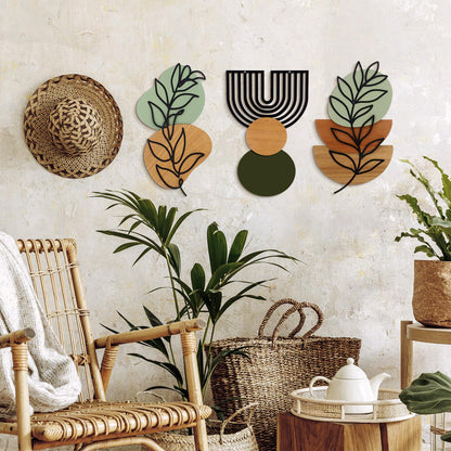 Wenqik Set of 3 Boho Wall Art Decor 3D Wood & Metal Abstract Geometric Wall Hangings Sculpture 15 x 6in Sage Green Beige Terracotta Minimalist Botanical Artwork for Home Decor Gallery Room