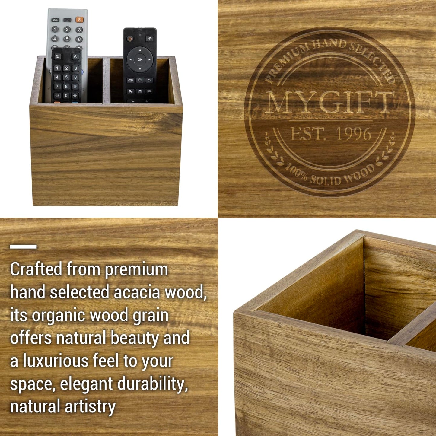 MyGift Wood TV Remote Control Holder with 2 Slots, Rustic Universal Remotes Storage Box, Sofa Table Controller Couch Caddy Holds TV, DVD, Blu-Ray Remote Controls, Premium Acacia