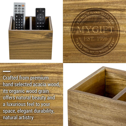 MyGift Wood TV Remote Control Holder with 2 Slots, Rustic Universal Remotes Storage Box, Sofa Table Controller Couch Caddy Holds TV, DVD, Blu-Ray Remote Controls, Premium Acacia