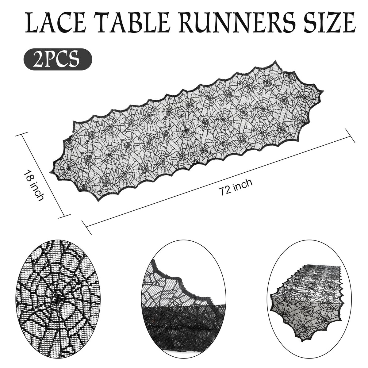 Black Lace Spider Web Table Runner - 2 Pcs, 18 X 72 Inch - Polyester Lace - Perfect for Halloween Parties & Gatherings