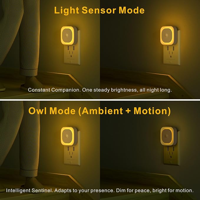 YUNLEX 2 Pack Plug in Night Light with Motion Sensor & Dusk to Dawn Sensor, 3 Sensor Modes, Auto ON/Off, Dimmable, Soft Glow for Living Room, Hallway, Stairs, Bathroom, Golden Yellow