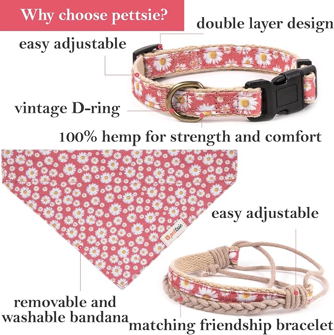 Pettsie Hemp Dog Bandana Collar & Matching Owner Friendship Bracelet | Adjustable, Durable Hemp, Soft & Comfortable, Secure D-Ring, Matching Friendship Bracelet, Pink
