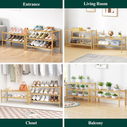 Smiry Bamboo Shoe Rack for Closet, 3 Tier Wooden Shoe Organizer, Stackable Wood Shoe Storage Shelf for Entryway, 14 Vertical Slats, One-piece Heavy-Duty Legs, 26.77"x11.02"x18.31", Natural