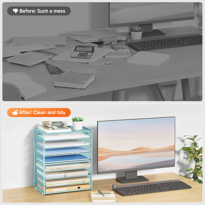 Subekyu 9 Tier Paper Letter File Tray Organizer for Desk, Large Mesh Desk Folder Sorter Organizer with Handle, Include 6 Pcs Adjustable Height Slid Tray for Office Home School Supplies Storage, Blue