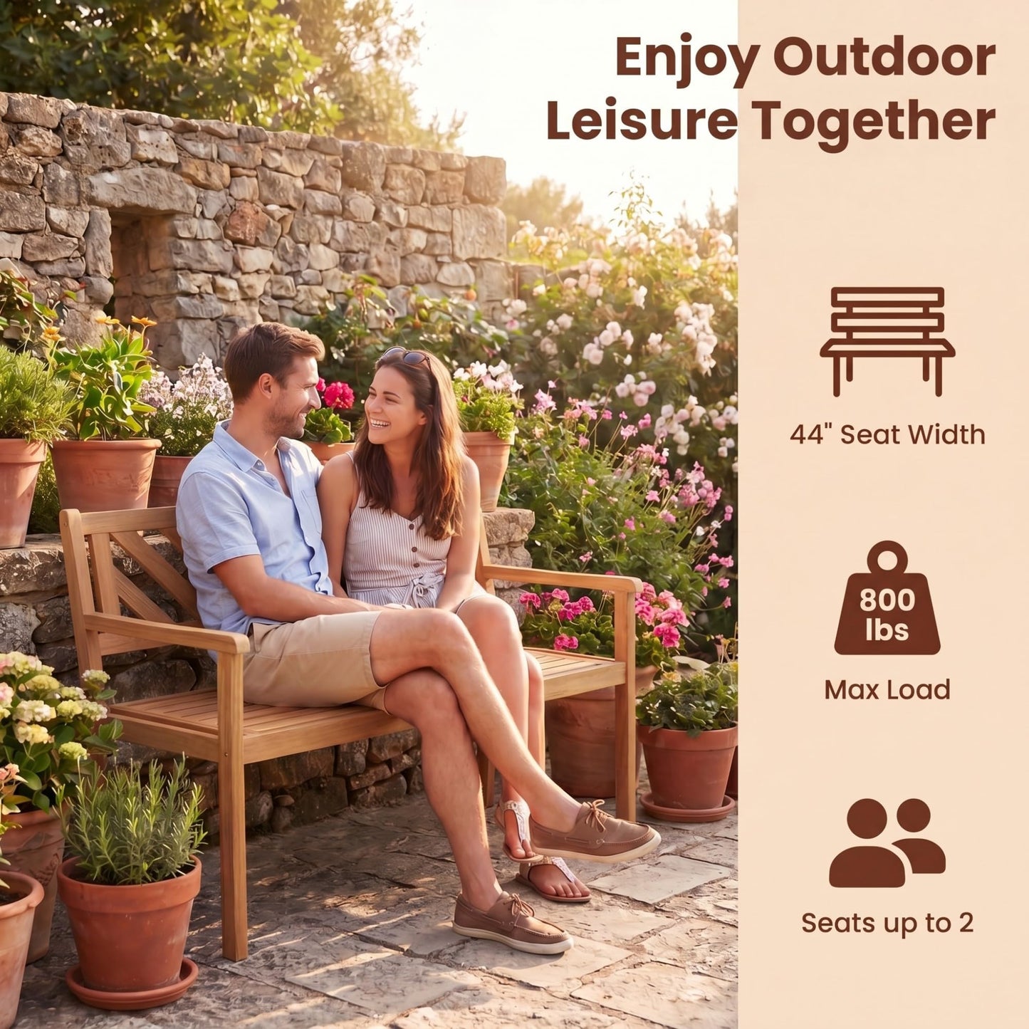 Giantex 2-Person Outdoor Bench, 47" Patio Acacia Wood Loveseat with Slatted Seat, Armrests & V-Shaped Backrest, Wooden Garden Seating for Backyard, Porch, Deck, Poolside