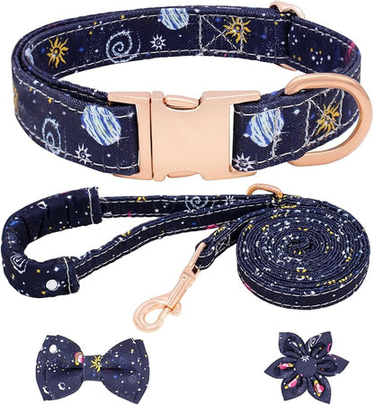 Dog Collar and Leash Set Adjustable Girls Puppy Floral Collars with Bow Tie for Small Medium Large Dogs(XS, Blue Planet)