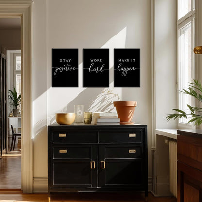 Motivational Office Wall Art Canvas Prints Set of 3 – Stay Positive Work Hard Make It Happen, Modern Positive Quotes Wall Decor for Home Office Living Room Bedroom Decor 12x16 inch Framed