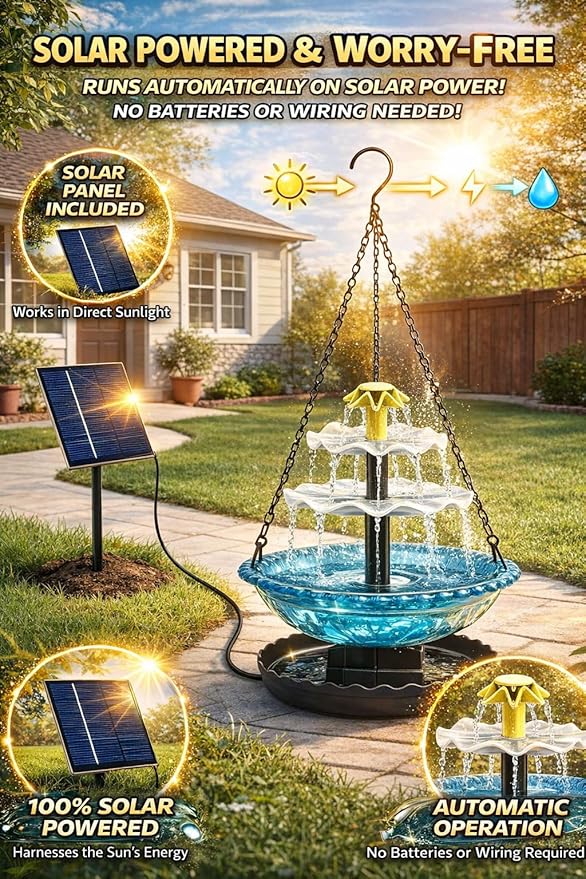 Solar Cascade Hanging Bird Bath Fountain, 2026 New Outdoor Hanging Bird Bath with Solar Fountain, Large Humming Birds Baths Fountains, with Solars Pump & Glass Bowl, for Outdoor, Gardens (#6)