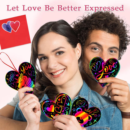 JMUQ 44Pack Valentine's Day Scratch Art Set, Heart-Shaped Rainbow Scratch Cards, Envelopes, Heart Stickers, Perfect Craft Kit for Classroom School Exchange Prizes Party Favors Creative Gifts