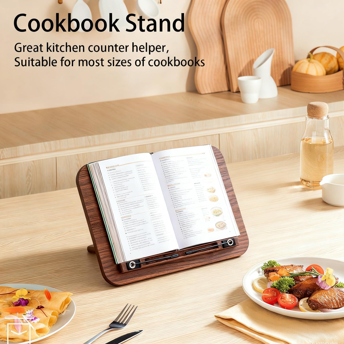 Mayhas Portable Book Stand for Reading, Adjustable Wooden Laptop Stand. Foldable Desktop Stand for Cookbook, Fits All Books (Walnut, Chinoiserie Simple)