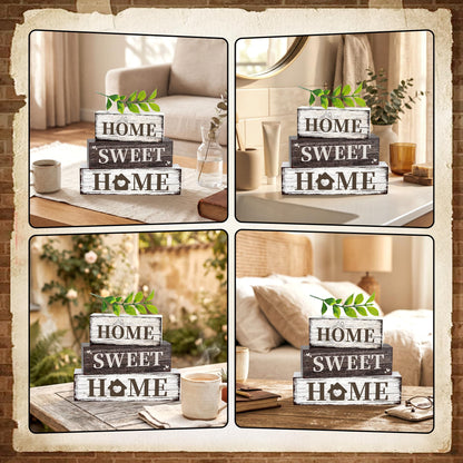4 Pcs Home Farmhouse Wooden Tiered Tray Decor, Eucalyptus Leaves Retro Rustic Table Centerpiece Decorations Gifts for Home Kitchen Mantel Table Shelf Office