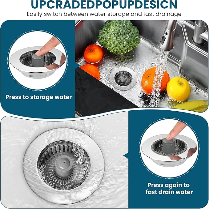 3-in-1 Kitchen Sink Strainer & Stopper, Stainless Steel Finish Pop Up Drain