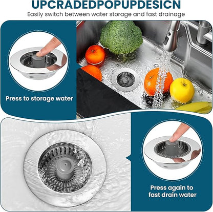 3-in-1 Kitchen Sink Strainer & Stopper, Stainless Steel Finish Pop Up Drain