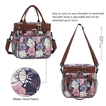 MOV COMPRA Lunch Bag for Women Men Double Deck Expandable Lunch Box,Large Lunch Bags,Leakproof Lunch Box Cooler Bag (Purple Flower)